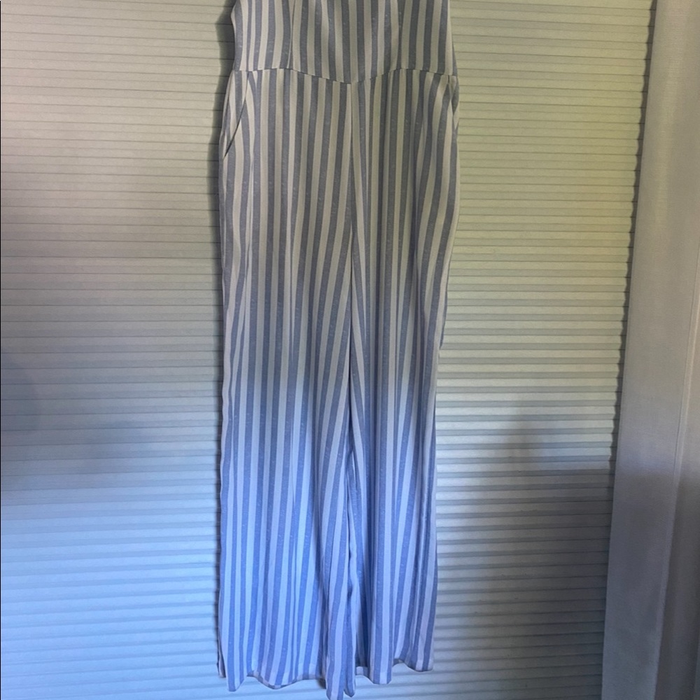 Blue and white striped jump suit